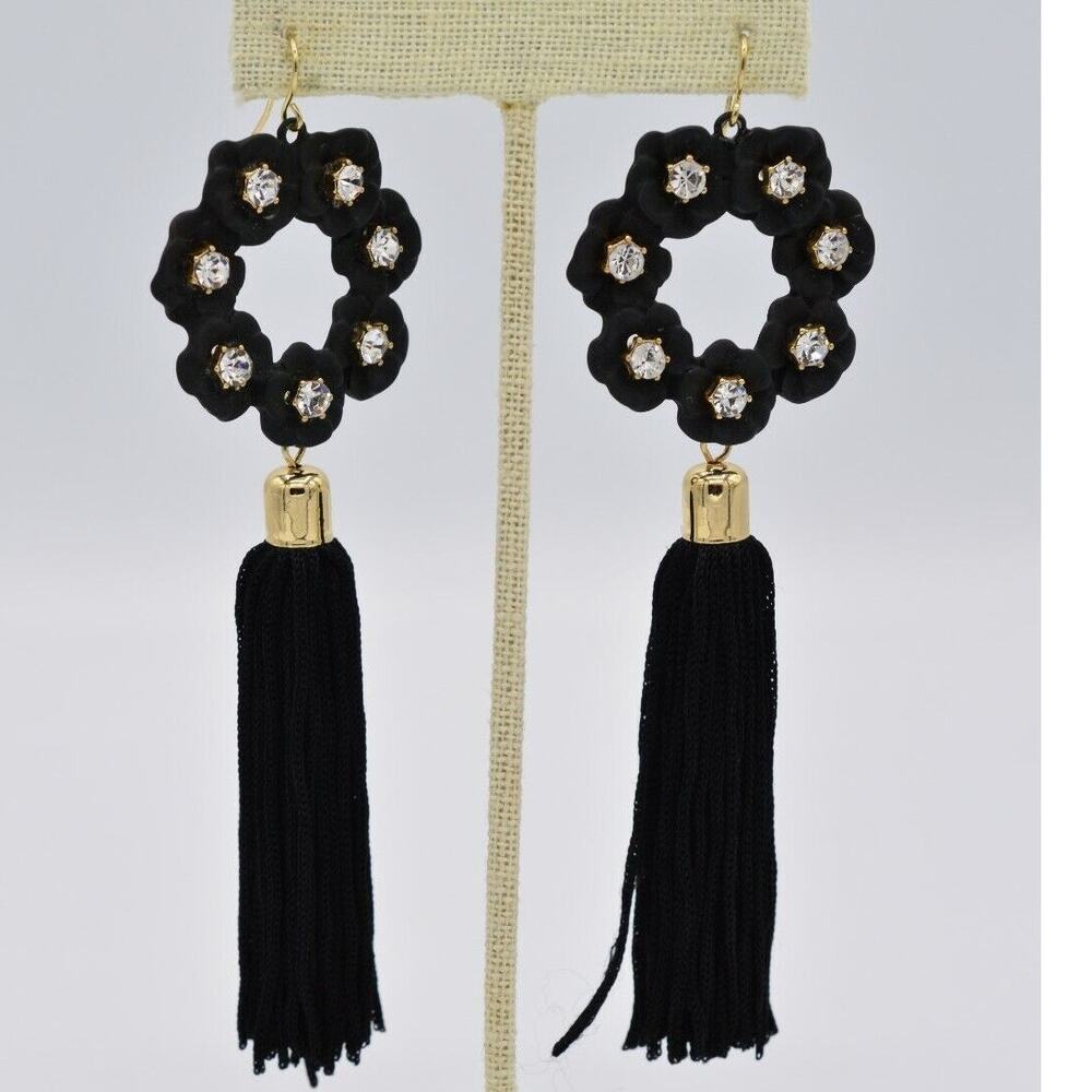 Vintage Statement Tassel Earrings Dangle Black Thread Gold Rhinestone Y2K BinAA